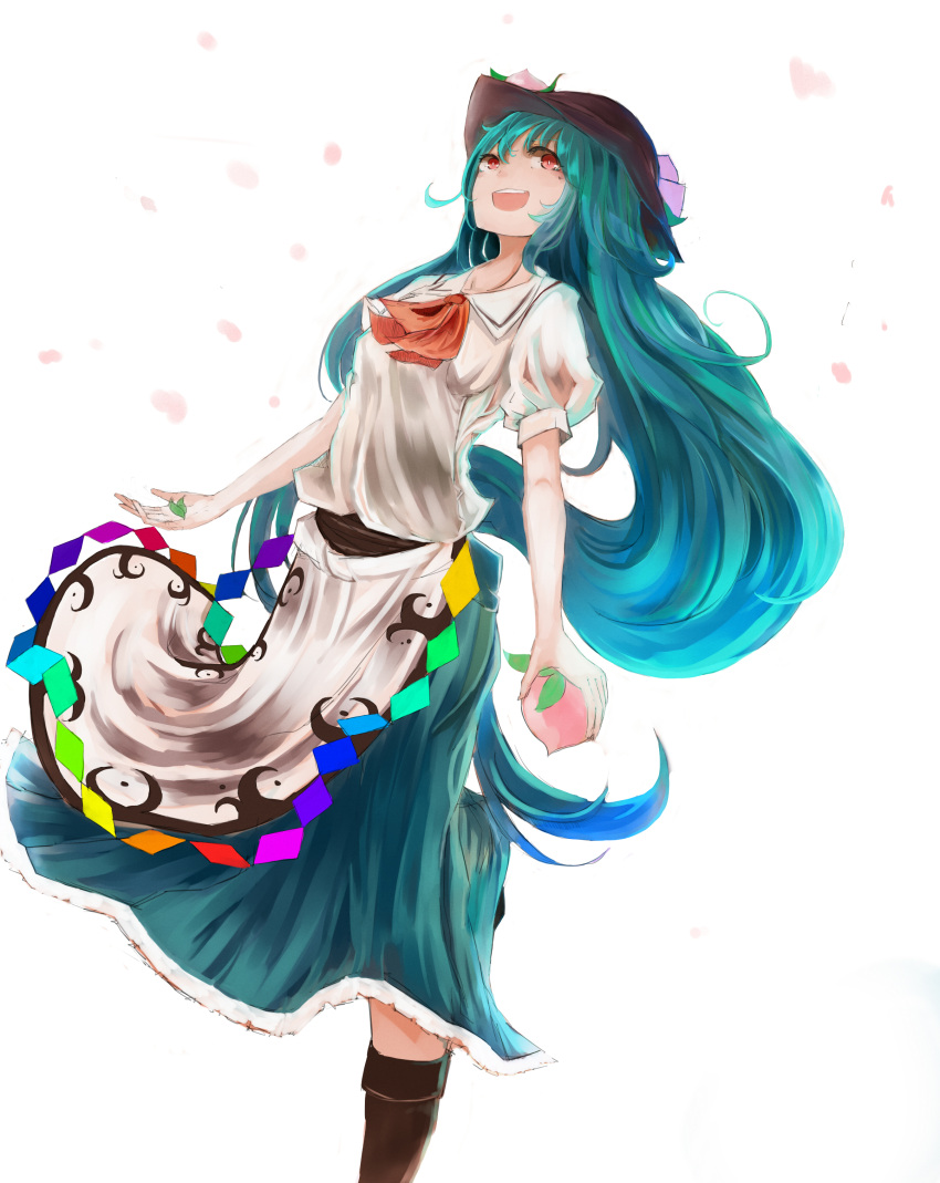 1girl absurdres blue_hair boots bow fafas68 food fruit hat highres hinanawi_tenshi holding holding_fruit leg_up legs long_hair long_skirt open_mouth peach petals red_eyes scarlet_weather_rhapsody shoes short_sleeves skirt solo touhou white_background