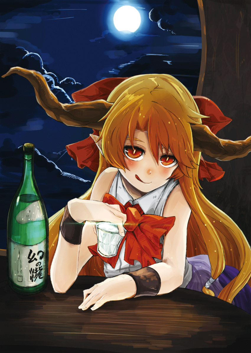 1girl absurdres alcohol blush bottle bow brown_eyes clouds drunk full_moon hair_bow highres holding holding_cup horns ibuki_suika immaterial_and_missing_power leaning_forward long_hair looking_at_viewer moon moonlight ohtanian oni orange_hair red_bow red_ribbon ribbon sitting sky sleeveless sleeveless_shirt solo table tongue tongue_out touhou tree wrist_cuffs