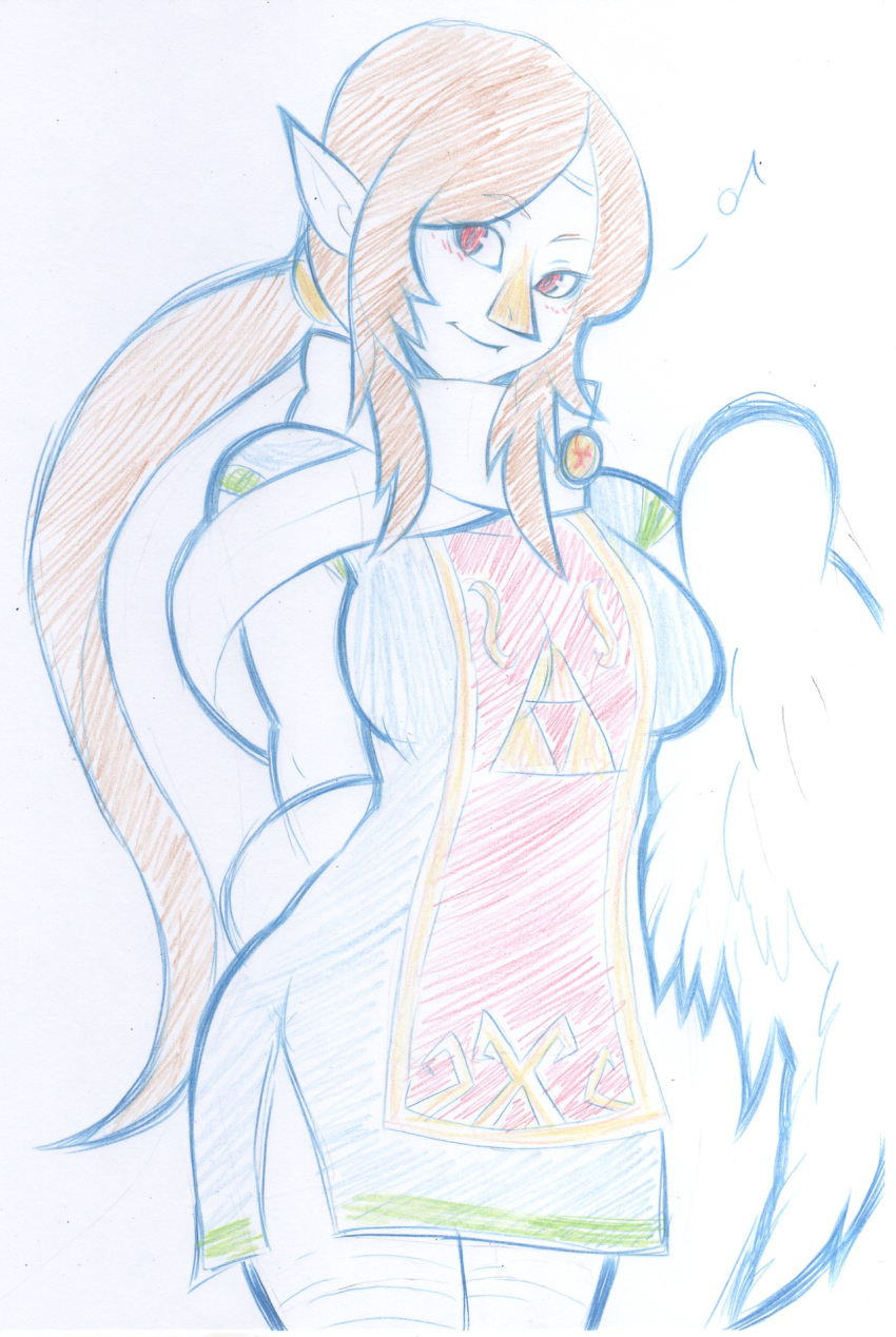 1girl antiheld beak blush breasts brown_hair capelet circlet commentary dress highres large_breasts long_hair medli monster_girl musical_note older pointy_ears ponytail red_eyes rito side_slit single_wing smile solo the_legend_of_zelda wind_waker wings