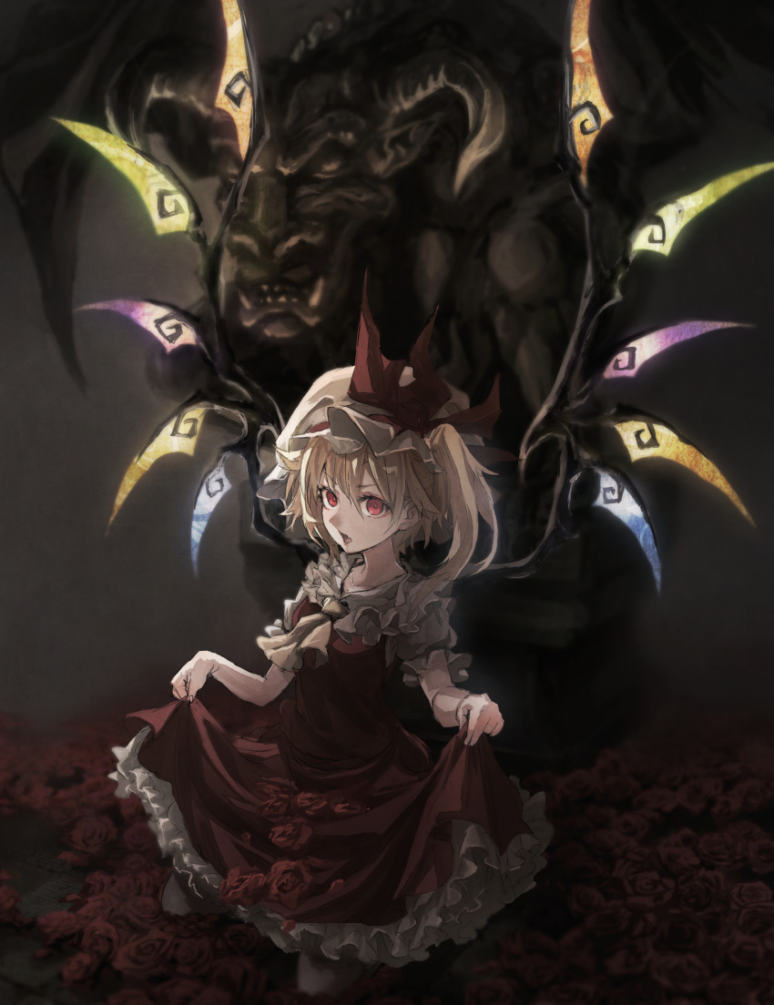 1girl absurdres ass blonde_hair darkness demon dress flandre_scarlet flower glowing glowing_wings hat hat_ribbon highres looking_at_viewer mephist-pheles mob_cap open_mouth puffy_sleeves red_dress red_eyes red_rose ribbon rose shirt short_sleeves side_ponytail skirt_basket touhou wings