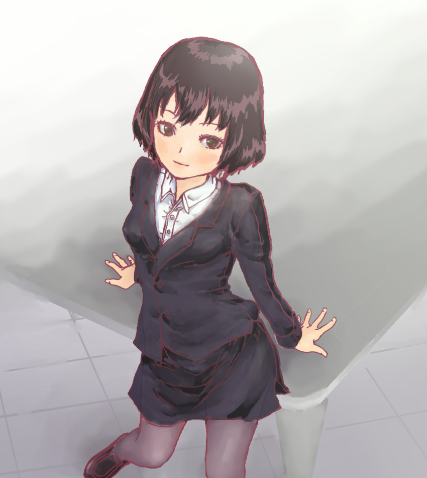 1girl arm_support black_eyes black_hair blush hands_on_table highres juju_(pixiv4563634) looking_at_viewer mikami_kaho pantyhose short_hair slip-on_shoes smile solo table world_trigger