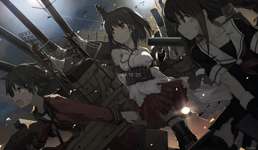 3girls bare_shoulders black_hair blood blue_eyes braid breasts cannon dated detached_sleeves green_eyes hair_ornament highres japanese_clothes kantai_collection long_hair mogami_(kantai_collection) multiple_girls open_mouth orda personification red_eyes school_uniform serafuku shigure_(kantai_collection) short_hair single_braid skirt torn_clothes yamashiro_(kantai_collection)