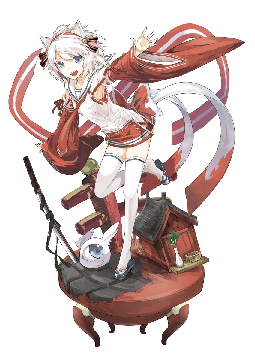 1girl animal_ears bell blue_eyes detached_sleeves dress hairband highres japanese_clothes katana long_sleeves looking_at_viewer necktie original short_hair slippers solo standing_on_object sword tokiti weapon white_hair