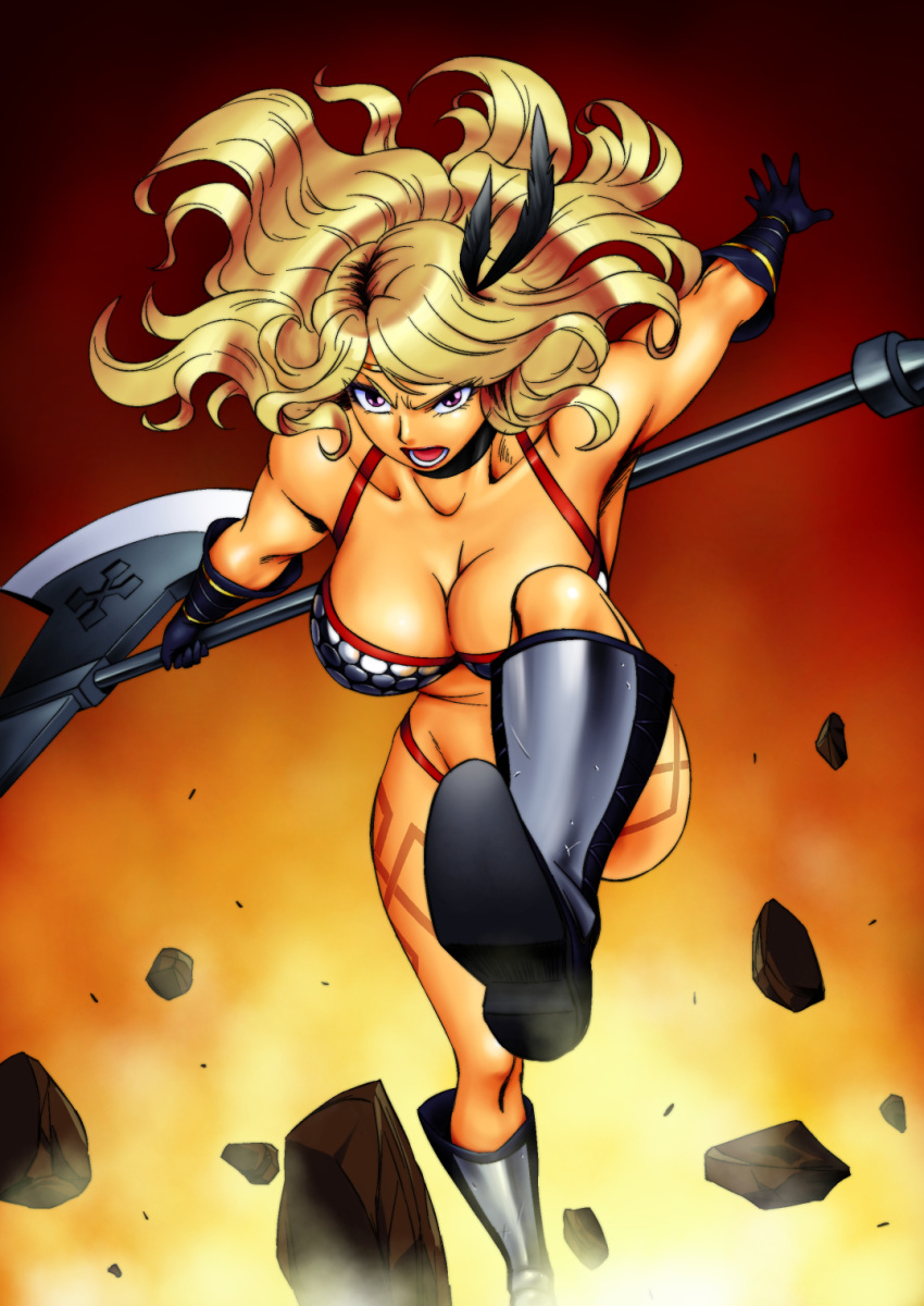 1girl amazon_(dragon's_crown) armor bare_shoulders bikini_armor blonde_hair boots breasts circlet cleavage collarbone debris dragon's_crown feathers gloves halberd highres large_breasts long_hair looking_at_viewer matsuda_shin mound_of_venus muscle open_mouth orange_background outstretched_arm polearm running solo tattoo thick_thighs thighs violet_eyes weapon