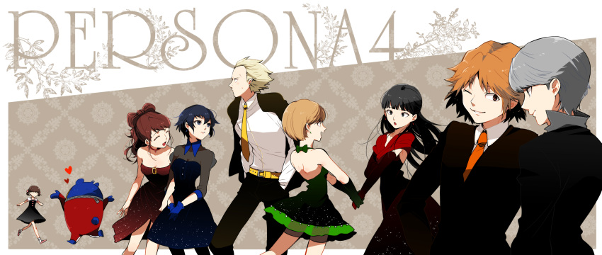 amagi_yukiko bear belt black_eyes black_hair blue_dress blue_hair bow breasts brown_eyes brown_hair collar doujima_nanako dress earrings everyone gloves green_dress grey_eyes grey_hair hanamura_yousuke heart highres jewelry kujikawa_rise kuma_(persona_4) kumo_suzume long_hair multiple_boys multiple_girls narukami_yuu necktie open_eyes pants persona persona_4 running satonaka_chie scar shawl shirogane_naoto shoes short_hair sleeveless sleeveless_dress smile sparkle tatsumi_kanji tuxedo wink zipper