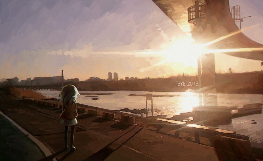 1girl 2013 cityscape english facing_away hair_blowing highway jacket ladic lens_flare long_hair new_year original reflection river road shadow sign skirt skyline solo standing sun sunset water