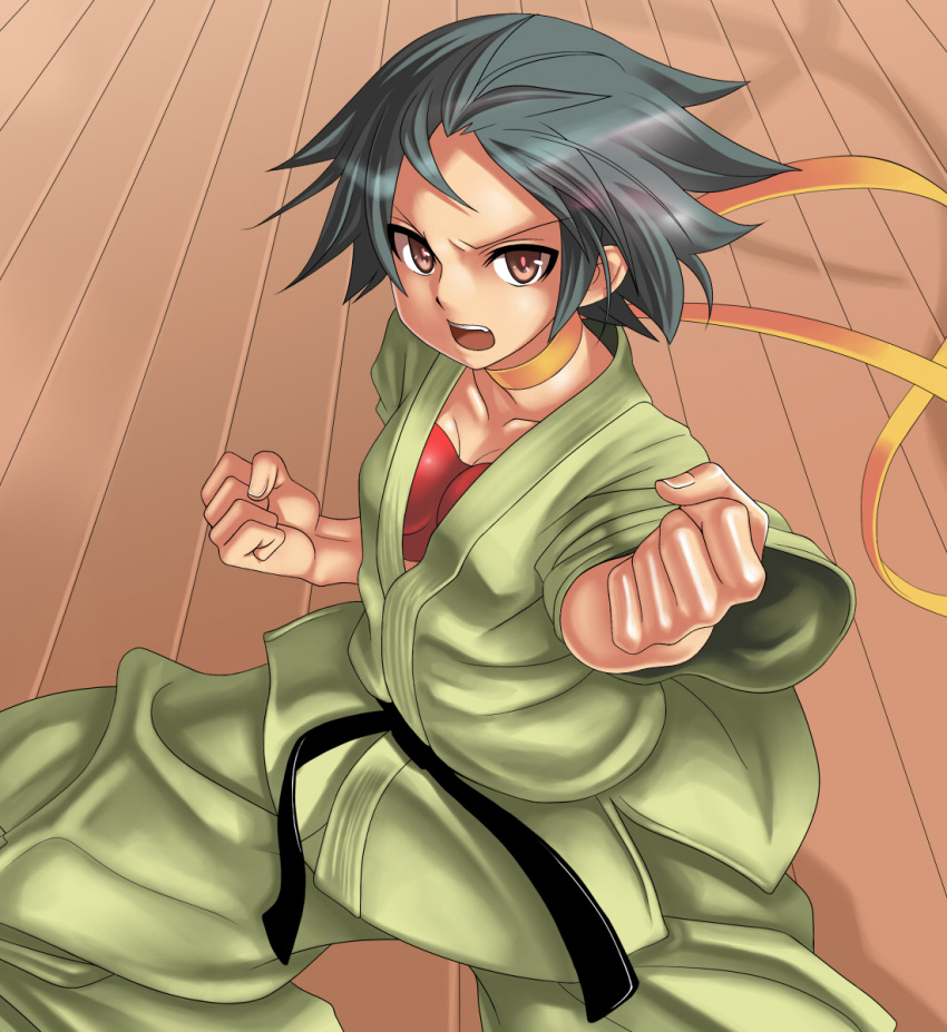 1girl black_hair brown_eyes clenched_hands dougi fighting_stance highres makoto orochi_itto scarf short_hair solo street_fighter wooden_floor