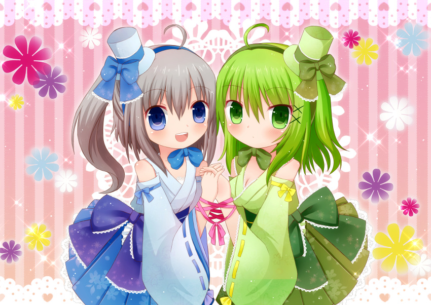 2girls :o absurdres ahoge alternate_costume alternate_headwear blue_eyes breasts cleavage detached_sleeves flower green_eyes green_hair hair_ribbon hakama_skirt hat hat_ribbon head_to_head highres holding_hands interlocked_fingers lace_border looking_at_viewer luna_1025 mononobe_no_futo multiple_girls neck_ribbon open_mouth ponytail ribbon short_hair side_ponytail silver_hair soga_no_tojiko sparkle striped striped_background top_hat touhou wrist_ribbon