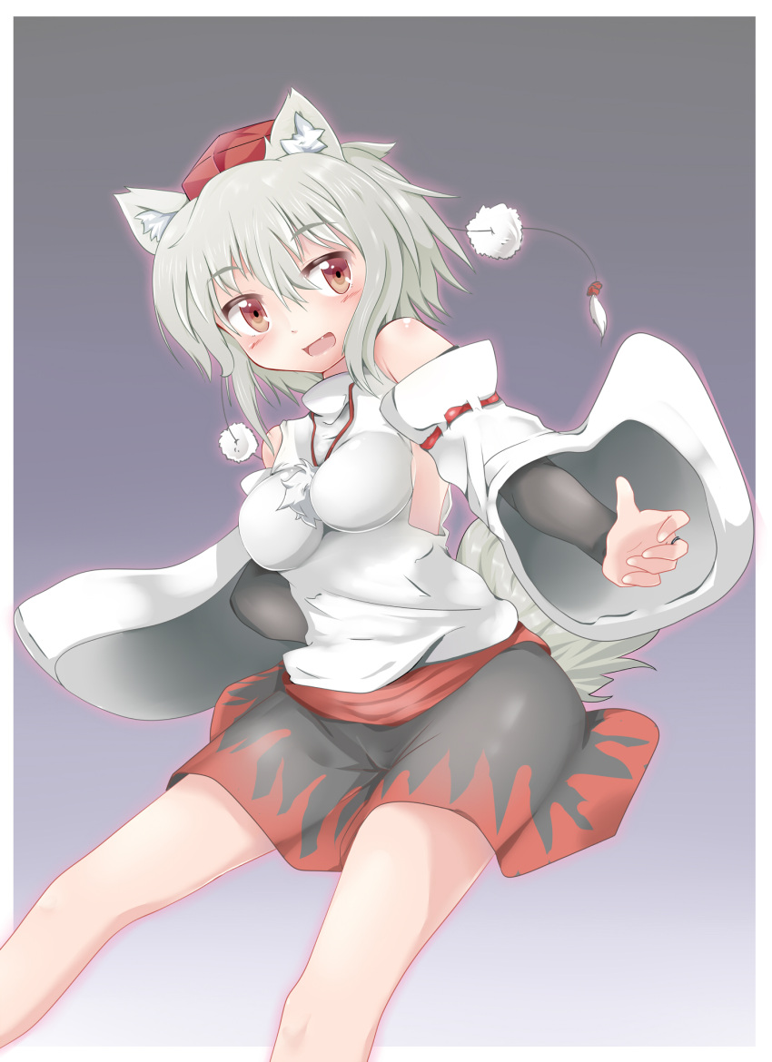 1girl animal_ears armpits bare_shoulders blush breasts detached_sleeves fang happy hat highres inubashiri_momiji looking_at_viewer nekoro_(nekokabuto) no_bra open_mouth pom_pom_(clothes) red_eyes short_hair silver_hair skirt smile solo tail tokin_hat touhou wolf_ears wolf_tail