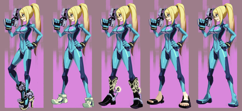 1girl alex_ahad alternate_footwear blonde_hair blue_eyes bodysuit boots breasts collage costume_chart covered_navel cowboy_boots full_body gloves gun hand_on_hip high_heel_boots high_heels large_breasts long_hair metroid mole neon_trim pistol ponytail samus_aran sandals shoes skin_tight sneakers solo standing super_smash_bros. toes weapon zero_suit
