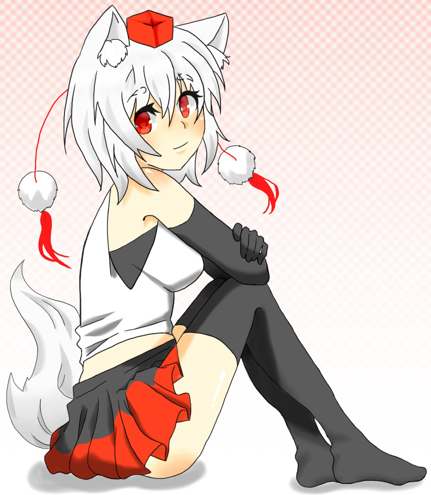 1girl absurdres animal_ears bare_shoulders black_legwear blush breasts happy hat highres inubashiri_momiji looking_at_viewer miniskirt pom_pom_(clothes) red_eyes red_skirt shirt short_hair silver_hair sitting skirt smile solo tail tokin_hat touhou white_shirt wolf_ears wolf_tail