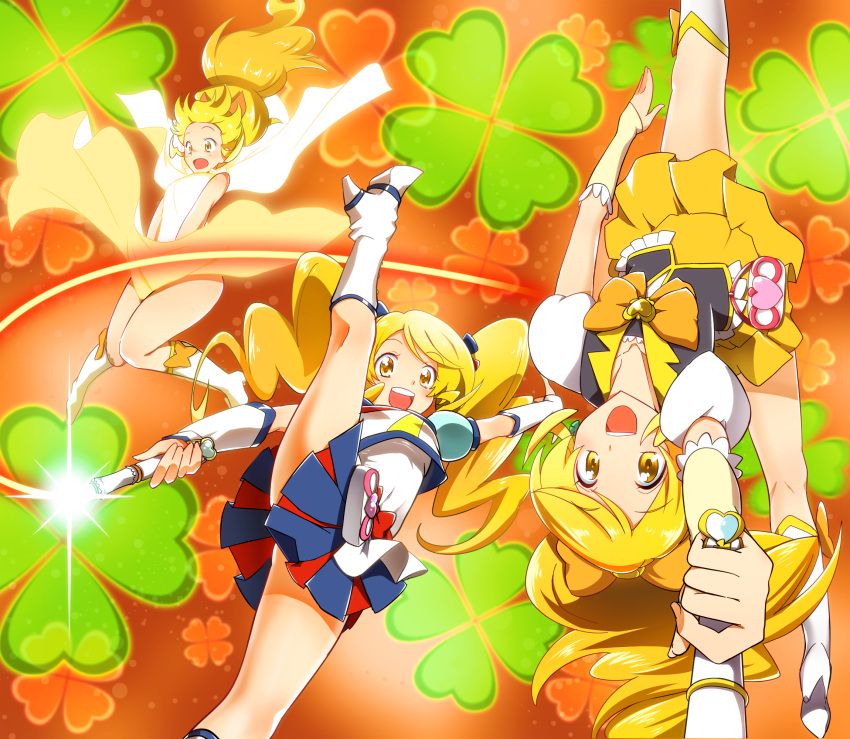 3girls :o alternate_form blonde_hair blue_skirt bow bowtie brooch cure_honey hair_bow happinesscharge_precure! henshin highres jewelry kicking long_hair magical_girl multiple_girls multiple_persona oomori_yuuko popcorn_cheer precure skirt smile twintails upside-down wand wrist_cuffs yellow_eyes yellow_skirt yuto_(dialique)