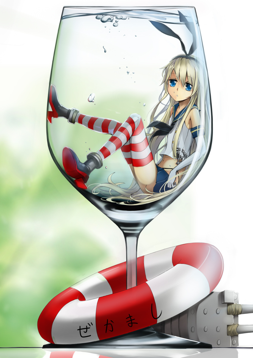 1girl absurdres anchor black_panties blonde_hair bubble drinking_glass elbow_gloves gloves hairband highres innertube kantai_collection long_hair looking_at_viewer navel panties personification ray_neko-san reflection rensouhou-chan shimakaze_(kantai_collection) skirt solo striped striped_legwear thigh-highs translated underwater underwear white_gloves