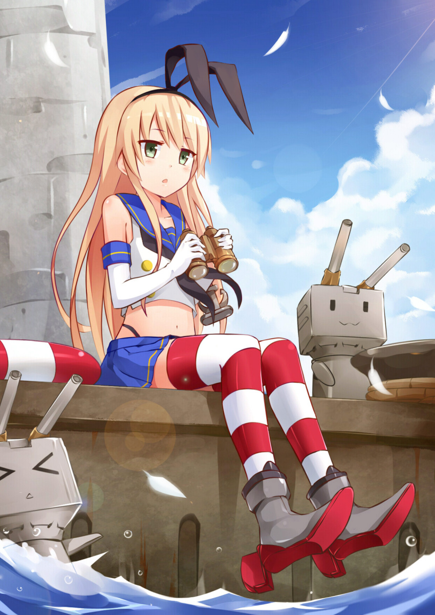 &gt;_&lt; 1girl :3 :o binoculars blonde_hair blush green_eyes hairband highres kantai_collection long_hair mmrailgun navel personification rensouhou-chan shimakaze_(kantai_collection) sitting skirt striped striped_legwear thigh-highs water