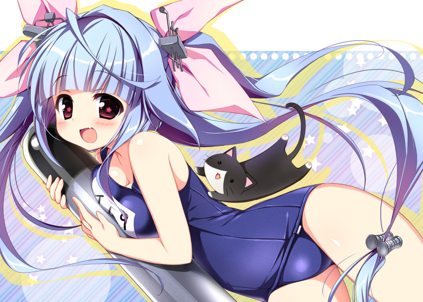 1girl blue_hair blush breasts cat fang hair_ribbon highres i-19_(kantai_collection) kantai_collection long_hair looking_at_viewer nagayama_yuunon open_mouth personification red_eyes ribbon school_swimsuit solo swimsuit torpedo twintails
