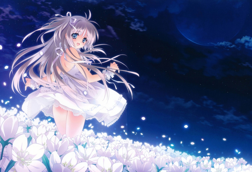 1girl aqua_eyes blonde_hair character_request copyright_request dress field flower flower_field hair_ribbon long_hair looking_back open_mouth outdoors ribbon skirt solo white white_dress wrist_cuffs