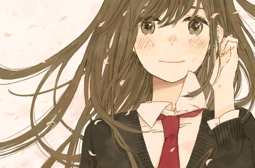 1girl blush brown_eyes brown_hair cherry_blossoms hinao_(flowerrabbit2348) looking_at_viewer necktie original petals simple_background smile solo sweater wind