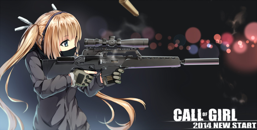 1girl aiming assault_rifle blonde_hair blue_eyes casing_ejection english gun headset highres long_hair long_sleeves original rifle shell_casing sl-8 solo suppressor twintails weapon yuri_shoutu