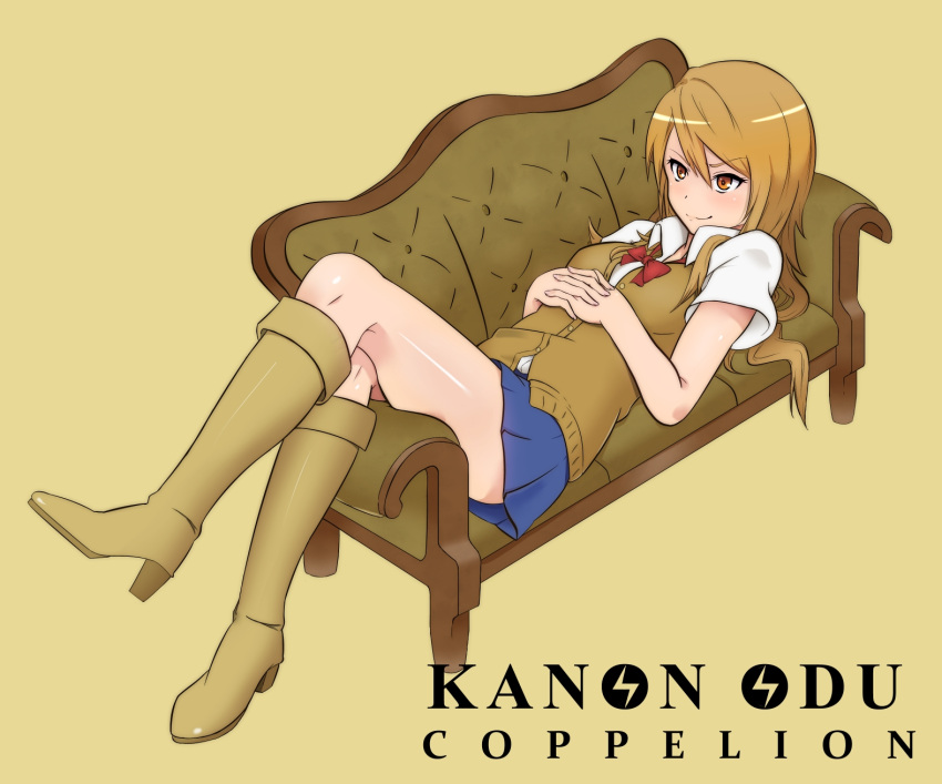 1girl amber_eyes blonde_hair blue_skirt boots bowtie character_name coppelion copyright_name couch full_body hands_clasped hands_on_own_chest highres knee_boots long_hair lying ozu_kanon pleated_skirt school_uniform short_sleeves skirt smirk solo sweater_vest yokke