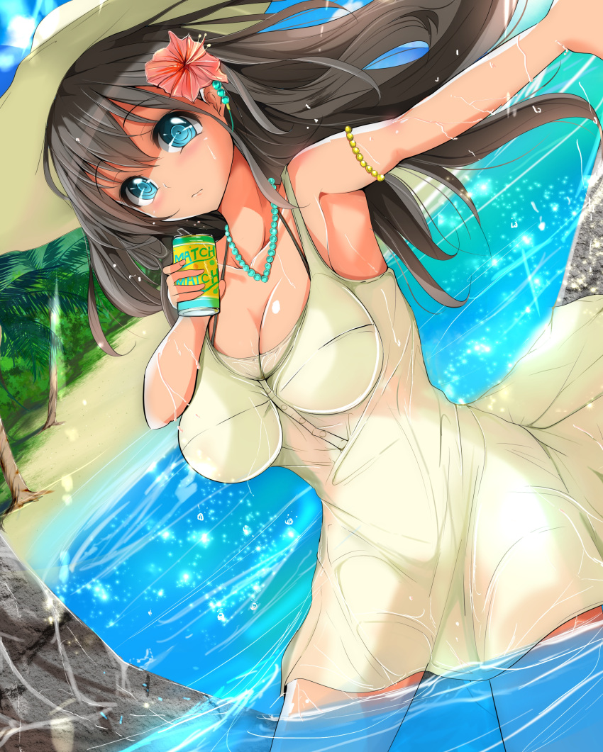 1girl absurdres armpits beach black_hair blue_eyes breasts collarbone dress flower hair_flower hair_ornament hat highres jewelry large_breasts long_hair looking_at_viewer necklace original outstretched_arm palm_tree see-through sleeveless sleeveless_dress soda_can solo sundress tree velia water wet wet_clothes wet_dress