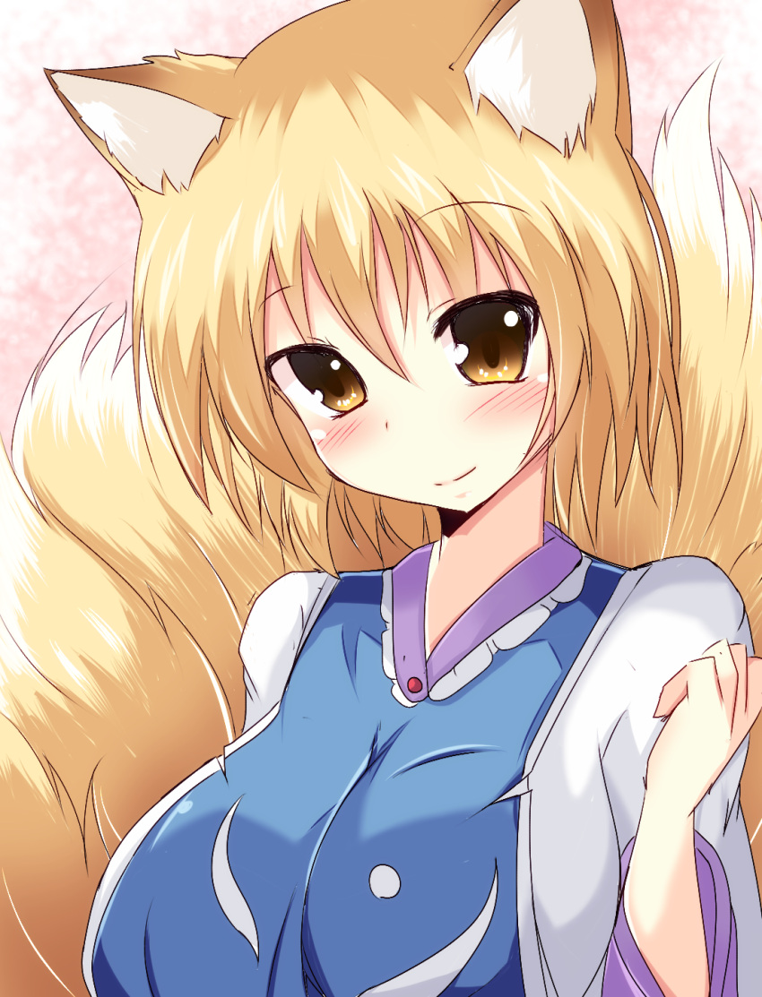 1girl animal_ears blonde_hair blush breasts bust dress fox_ears fox_tail highres large_breasts looking_at_viewer multiple_tails naba_(take_tonbo) no_hat smile solo tabard tail touhou white_dress yakumo_ran yellow_eyes