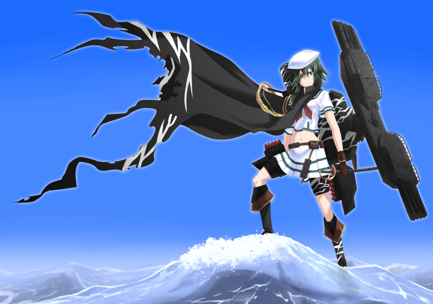 1girl cape eyepatch gloves green_hair grey_eyes hat highres iwatobi_hiro kantai_collection kiso_(kantai_collection) looking_at_viewer ocean personification short_hair solo sword weapon