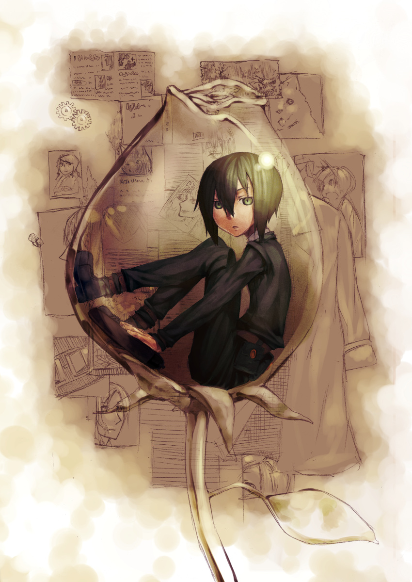 1girl absurdres androgynous coat dog flower gears glass green_eyes green_hair highres kino kino_no_tabi leaf photo_(object) redtail reverse_trap sepia short_hair solo tomboy