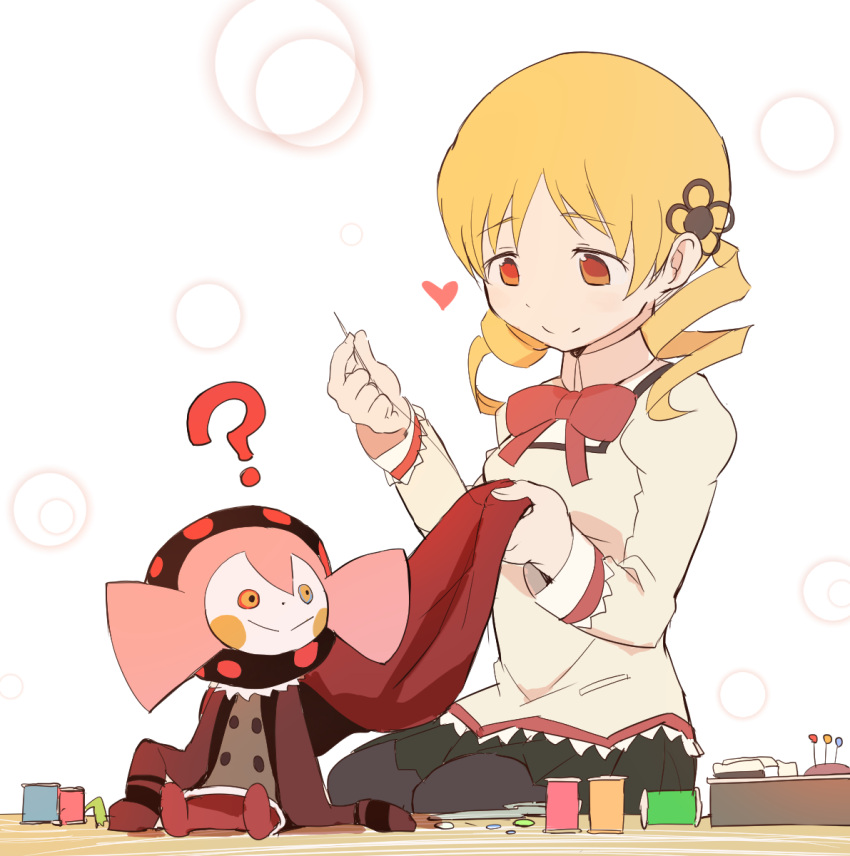 1girl :&gt; ? blonde_hair charlotte_(madoka_magica) drill_hair heart highres mahou_shoujo_madoka_magica mahou_shoujo_madoka_magica_movie pantyhose samidare school_uniform sewing smile tomoe_mami twin_drills witch_(madoka_magica) yellow_eyes