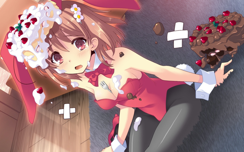 1girl animal_ears between_breasts bow breasts brown_hair cake character_request cleavage copyright_request dutch_angle food game_cg highres messy open_mouth rabbit_ears red_eyes short_hair sitting solo unlikely_accident wrist_cuffs