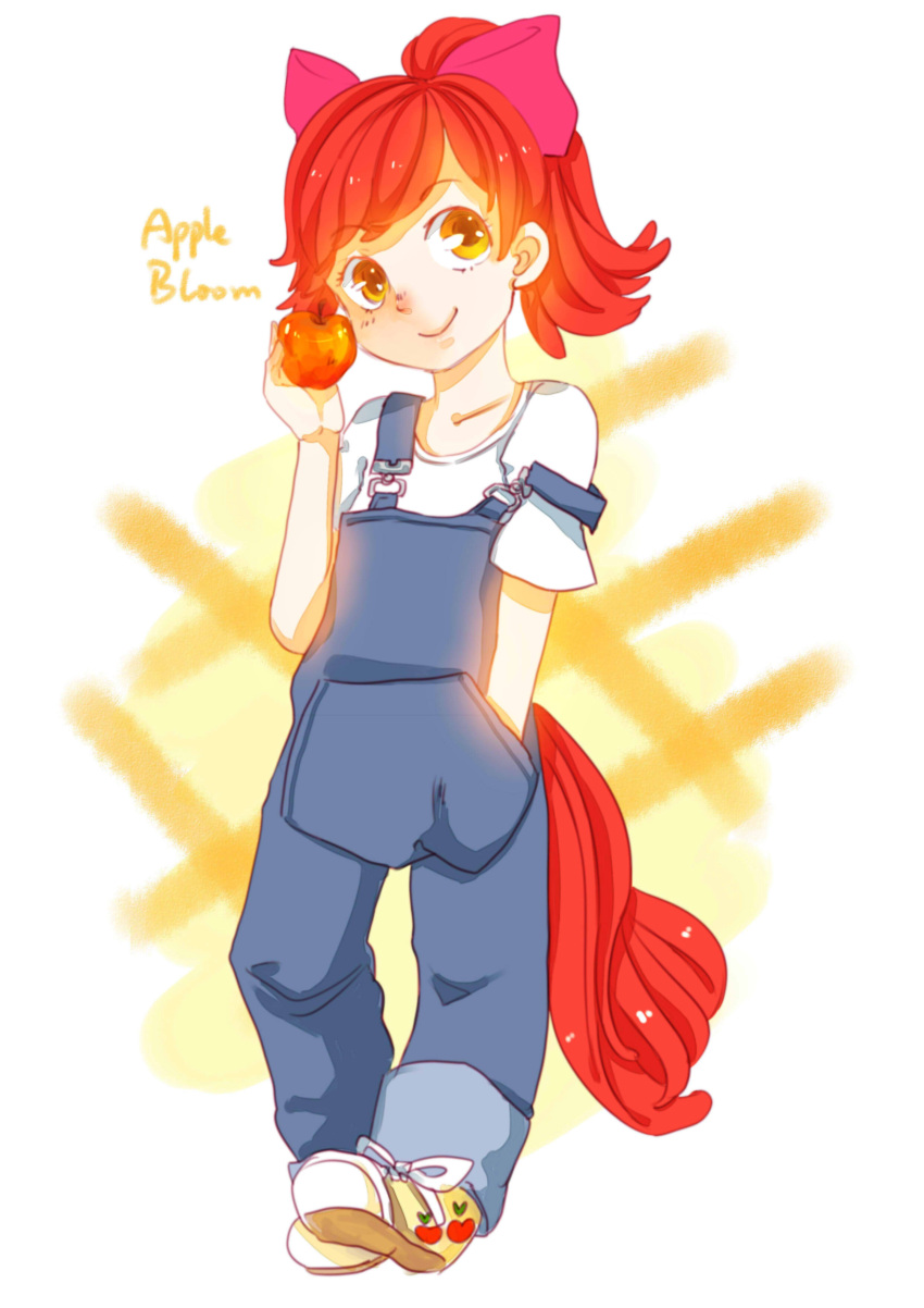 absurdres apple_bloom bow hair_bow highres horse_tail kumo_ni_notte my_little_pony my_little_pony_friendship_is_magic orange_eyes overalls redhead tail