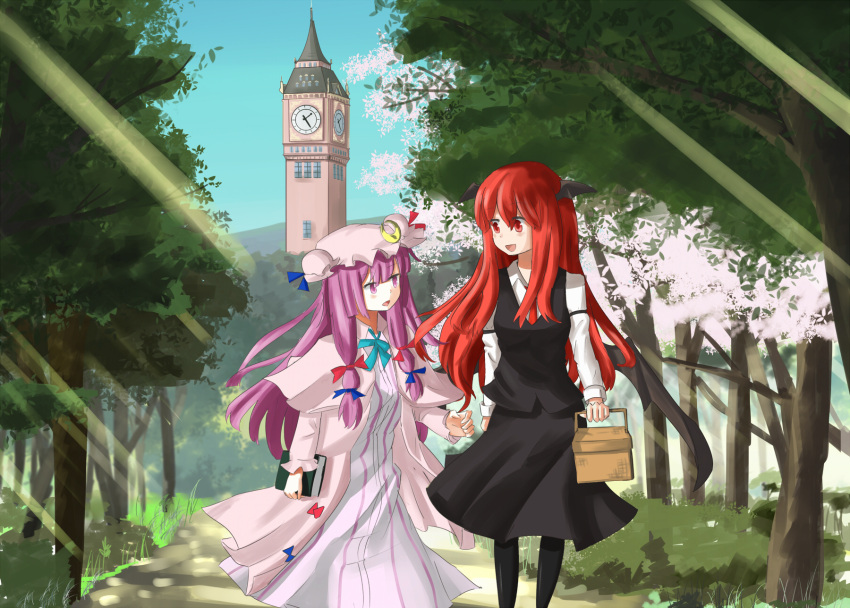 2girls armband bat_wings black_legwear blue_sky book bow cherry_blossoms clock clock_tower crescent_hair_ornament double_bun dress hair_bow hair_ornament hat hat_ribbon head_wings highres hinami047 koakuma long_hair long_sleeves looking_at_another mob_cap mountain multiple_girls necktie open_mouth outdoors pantyhose patchouli_knowledge path payot picnic_basket purple_hair red_eyes redhead ribbon road robe shade skirt sky striped striped_dress sunbeam sunlight touhou tower tree vest violet_eyes wings