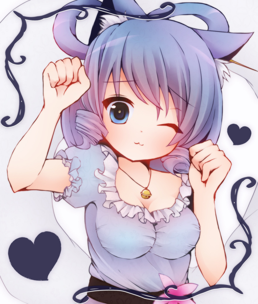 1girl ;3 animal_ears bebitera bell belt blue_eyes blue_hair breasts cat_ears cleavage dress flower hagoromo hair_rings head_tilt heart highres jewelry jingle_bell kaku_seiga kemonomimi_mode looking_at_viewer necklace paw_pose puffy_short_sleeves puffy_sleeves shawl short_hair short_sleeves simple_background solo touhou white_background wink