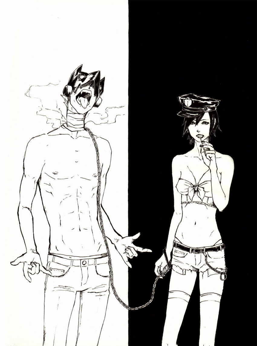 1boy 1girl \m/ album_cover chain cigarette cover cutoffs death_grips dogs:_bullets_&amp;_carnage fangs fuyumine_naoto haine_rammsteiner hat highres leash midriff monochrome navel open_mouth parody shirtless short_hair the_money_store tongue tongue_out