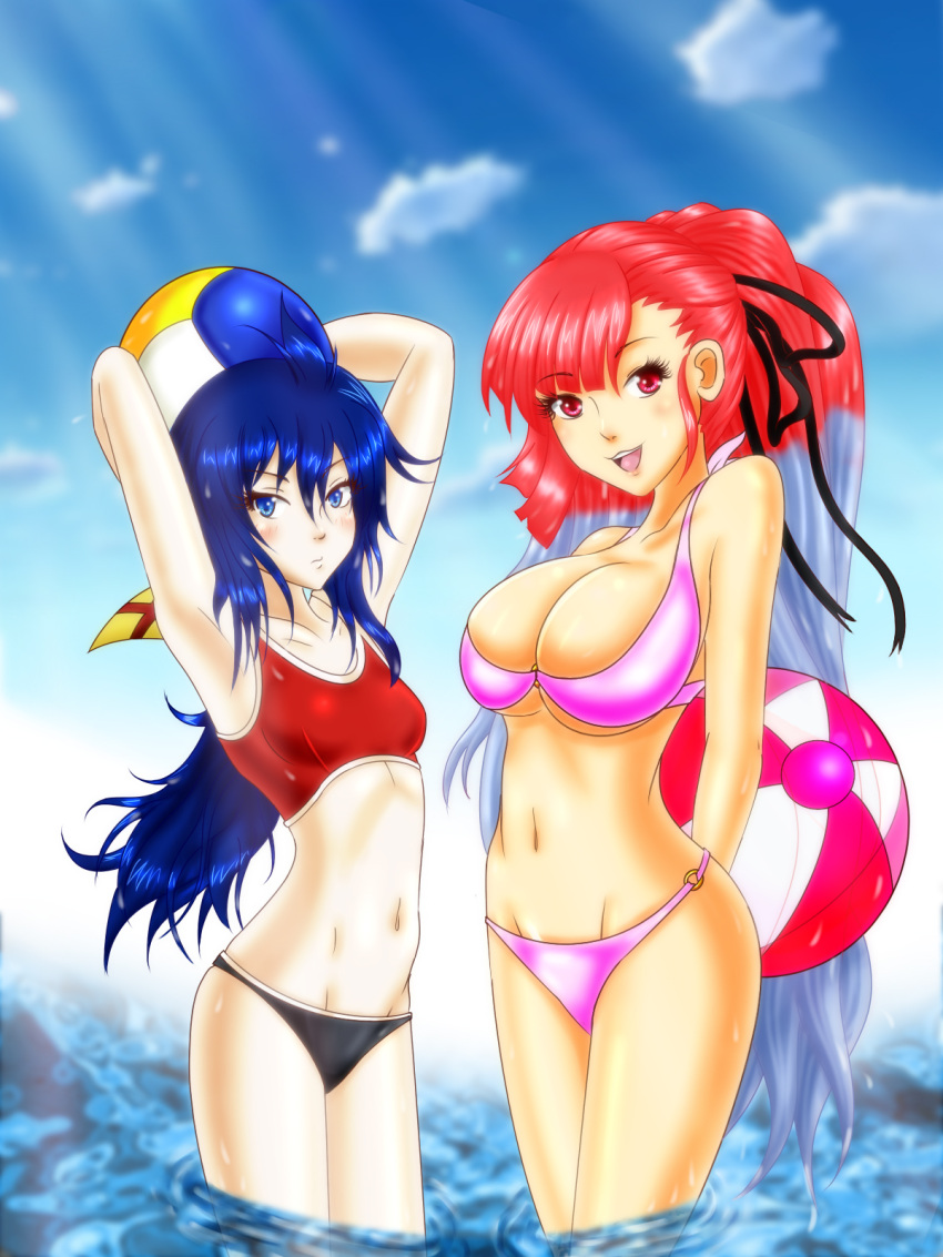 2girls armpits arms_up ball beachball bikini black_hair blue_eyes blush breasts eyelashes gradient_hair hair_ribbon highres iforher imca large_breasts long_hair multicolored_hair multiple_girls navel ponytail red_eyes redhead ribbon riela_marcellis senjou_no_valkyria senjou_no_valkyria_3 small_breasts swimsuit tankini underboob wading white_hair