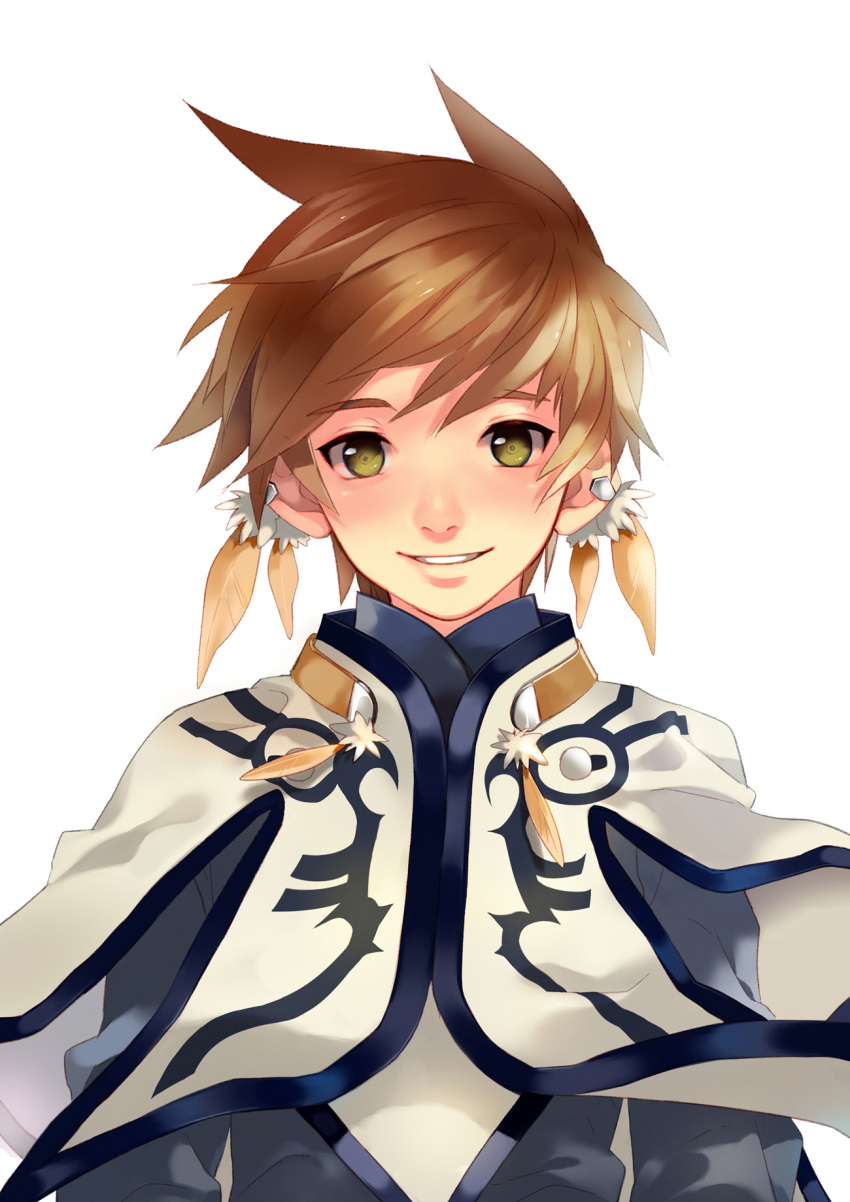 1boy brown_hair earrings feathers green_eyes highres jewelry kamokasa male shawl shirt slay_(tales) smile solo tales_of_(series) tales_of_zestiria white_background