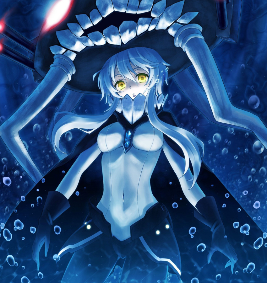 1girl bodysuit breasts bubble cape gloves glowing glowing_eyes highres kantai_collection long_hair looking_at_viewer pale_skin personification remirya_koumakan shinkaisei-kan silver_hair solo underwater wo-class_aircraft_carrier yellow_eyes