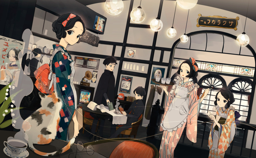 3boys 3girls alcohol apron beer beer_mug black_eyes black_hair book bow cafe cape cat chair coat_rack cup frying_pan gakuran glasses hair_bow hat indoors japanese_clothes kimono looking_at_viewer multiple_boys multiple_girls original phonograph poster_(object) reading restaurant school_uniform short_hair sign sitting steam table teacup toinana tray waitress window yukata