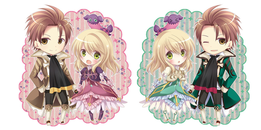 2boys 2girls alvin_(tales) blonde_hair boots brown_eyes brown_hair chibi coat cravat cropped_jacket doll dress dual_persona elize_lutus frills green_dress green_eyes hand_in_pocket jewelry knee_boots multiple_boys multiple_girls necklace pants purple_dress short_hair smile striped striped_background tales_of_(series) tales_of_xillia teepo_(tales) tsubaki_metasu wink