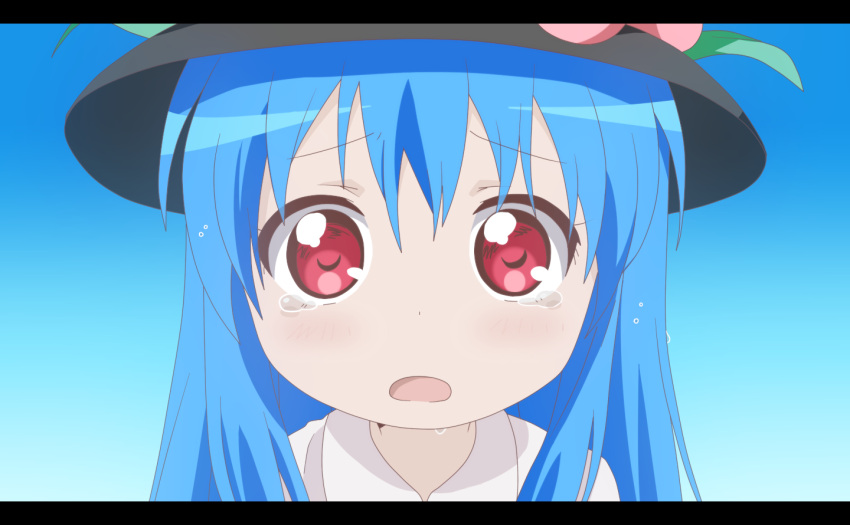1girl blue_background blue_hair bust close-up derivative_work face food fruit gradient gradient_background hat hinanawi_tenshi letterboxed long_hair looking_at_viewer nuko_(vnanuko) open_mouth peach red_eyes solo tears touhou