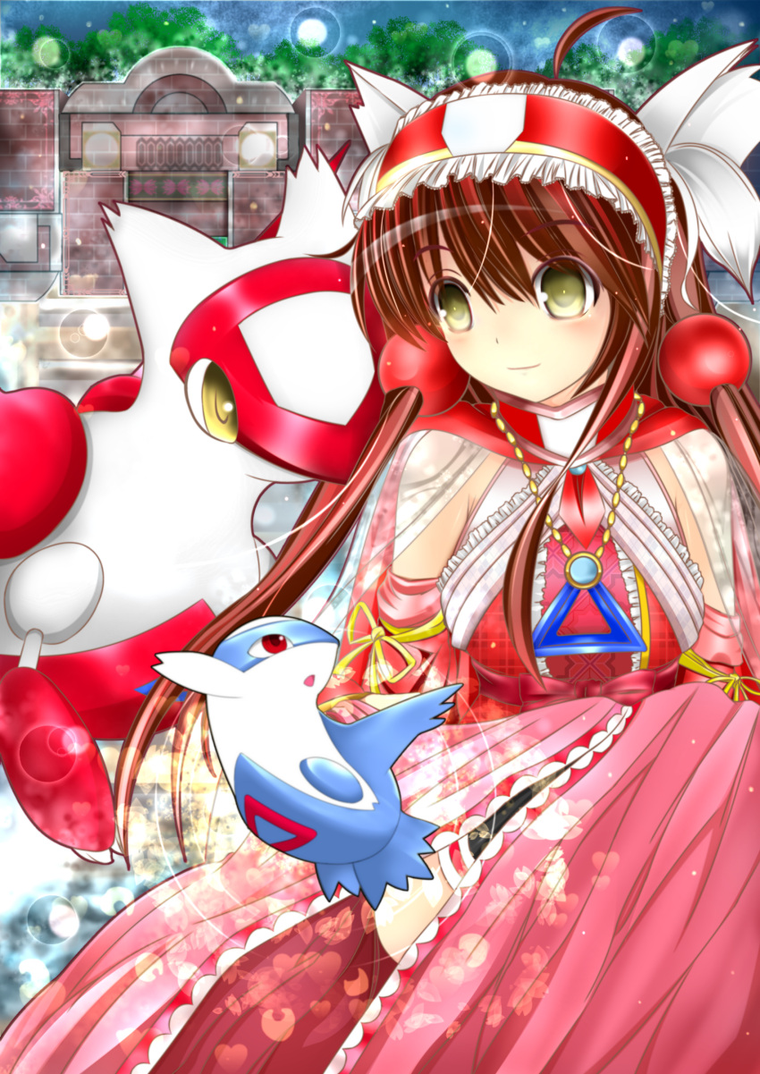 1girl absurdres ahoge brown_eyes detached_sleeves dress hair_bobbles hair_ornament hairband highres jewelry latias latios light_smile long_hair morozumi_(ratexizuki) necklace personification pokemon pokemon_(creature) redhead see-through triangle younger