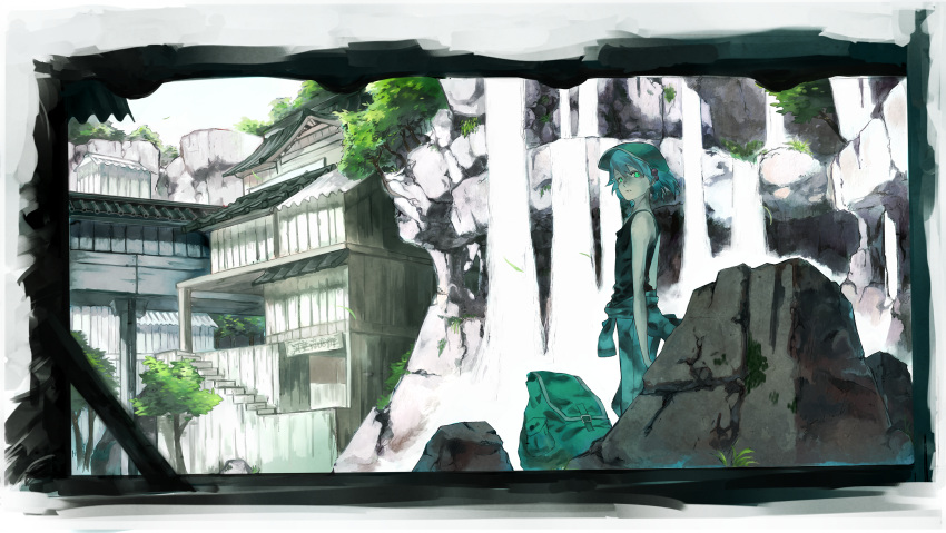 1girl adapted_costume architecture backpack backpack_removed bag black_shirt blue_hair clothes_around_waist denim green_eyes hair_bobbles hair_ornament hat highres jacket_around_waist jeans kawashiro_nitori looking_at_viewer rock scenery short_hair sleeveless solo tank_top touhou tree twintails water waterfall yoshiashi