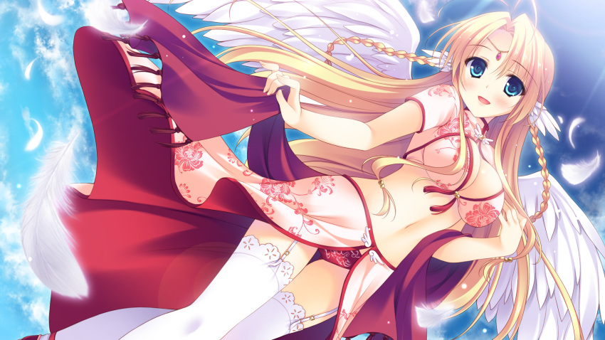 1girl angel blonde_hair blue_eyes blush braid breasts chinese_clothes cleavage clouds dutch_angle feathers game_cg garter_straps guardian_place happy highres jewelry legs long_hair looking_at_viewer midriff navel open_mouth panties red_panties sky smile solo suzaku_(guardian_place) thigh-highs thigh_gap twin_braids underwear white_legwear wings yukie_(peach_candy)