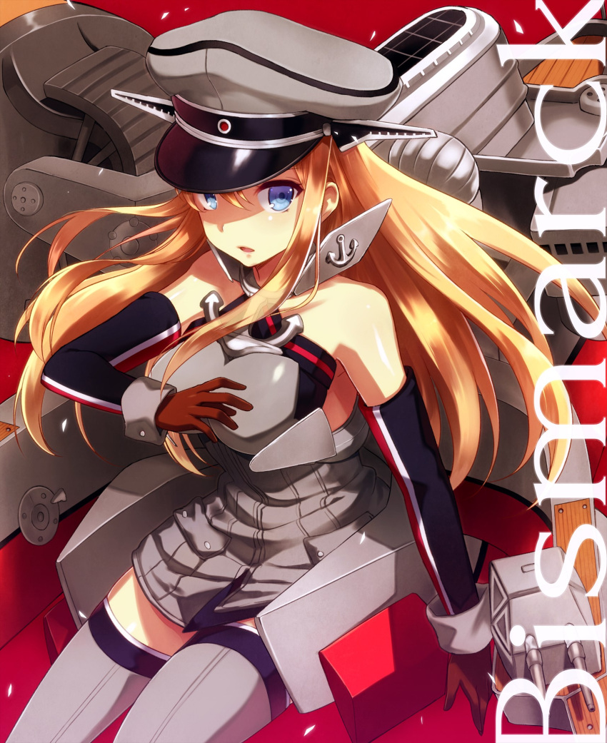 1girl bismarck_(kantai_collection) blonde_hair blue_eyes breasts gloves hat highres kantai_collection long_hair military military_hat military_uniform open_mouth personification remirya_koumakan solo thigh-highs uniform