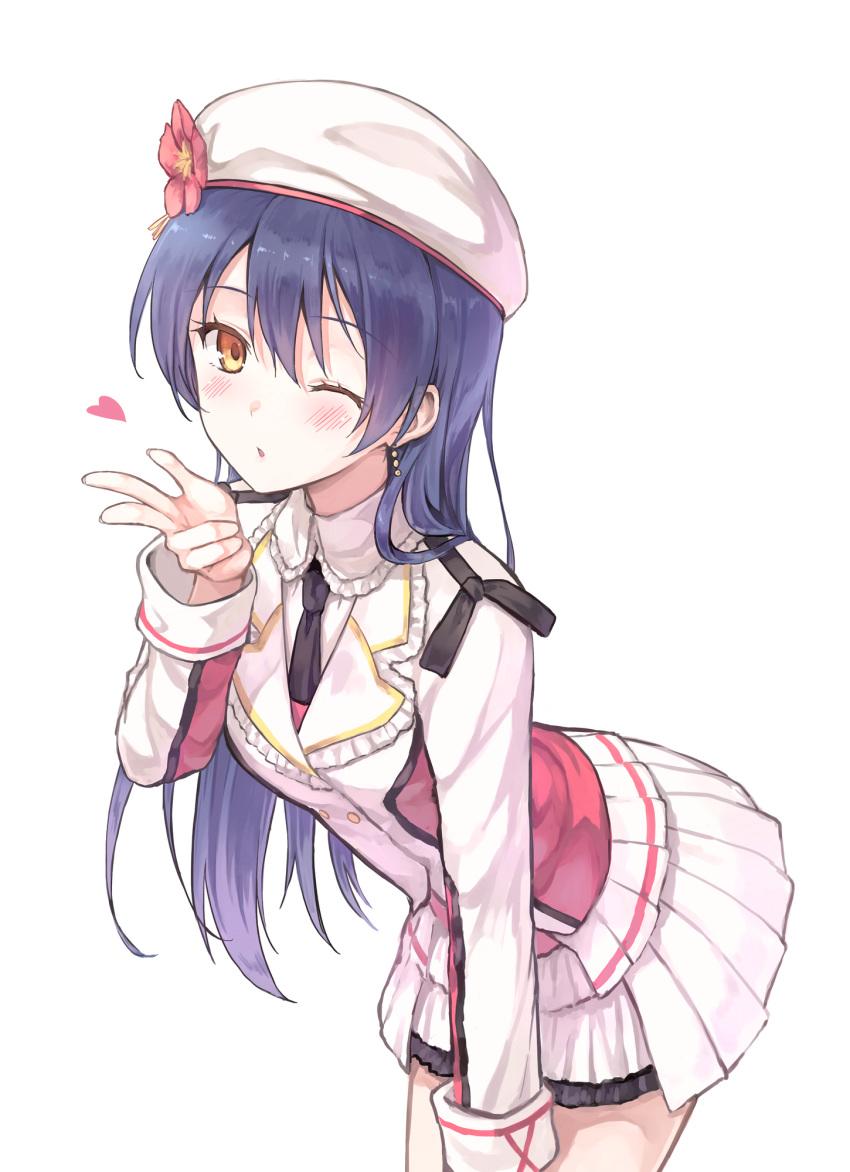 1girl blown_kiss blue_hair blush brown_eyes flower hat heart highres hiten_goane_ryu long_hair long_sleeves looking_at_viewer love_live!_school_idol_project open_mouth skirt smile solo sonoda_umi wink