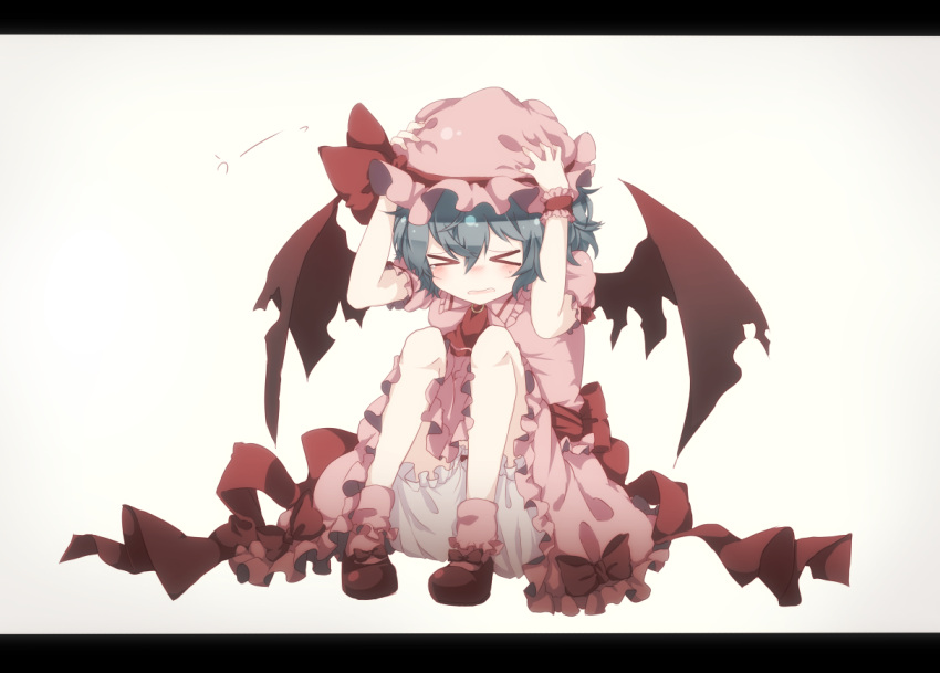 &gt;_&lt; 1girl bat_wings bloomers blue_hair bow cowering gensou_aporo hat letterboxed mob_cap remilia_scarlet ribbon short_hair simple_background sitting skirt solo tears touhou underwear uu~ white_background wings