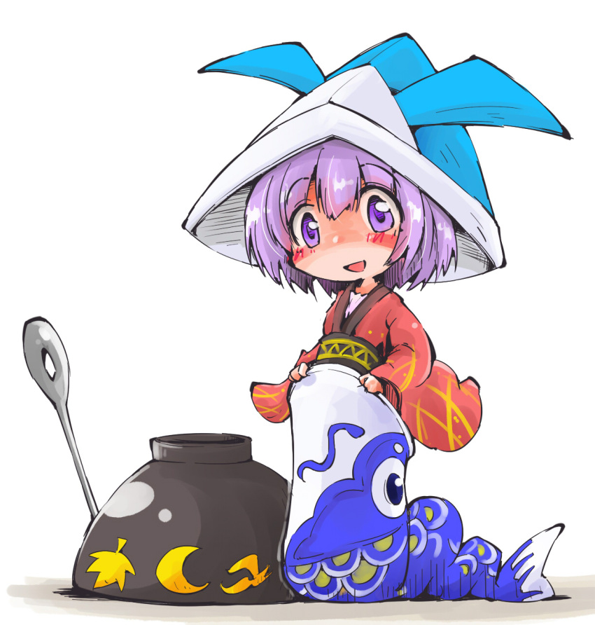 1girl alternate_headwear bowl children's_day commentary_request fish_costume hat hat_removed headwear_removed highres japanese_clothes kimono long_sleeves looking_at_viewer needle obi open_mouth origami purple_hair sash shinapuu simple_background smile solo sukuna_shinmyoumaru touhou violet_eyes white_background wide_sleeves