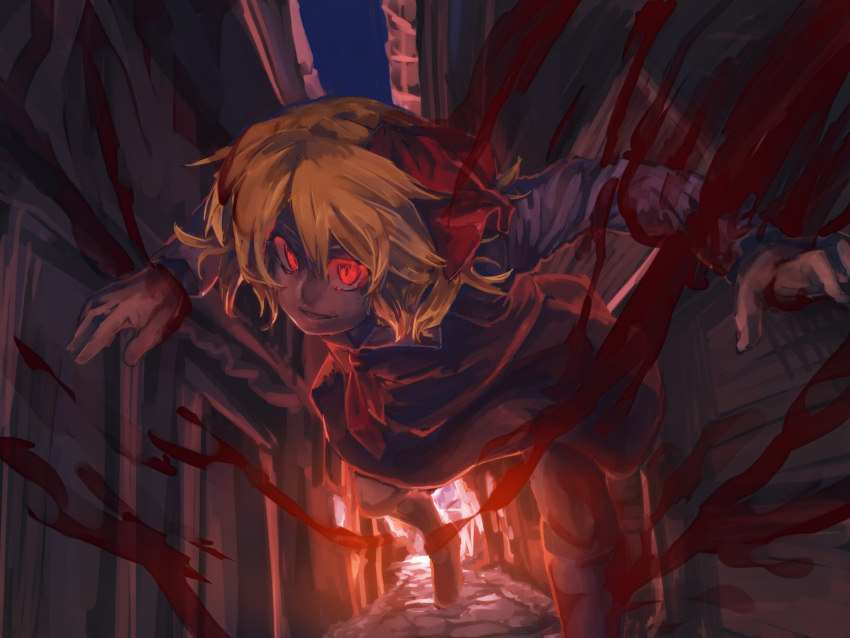1girl alley ascot backlighting black_dress blonde_hair dress glowing glowing_eyes hair_ribbon highres long_sleeves open_mouth outstretched_arms red_eyes ribbon rumia running short_hair smile solo spread_arms temmasa22 touhou vest