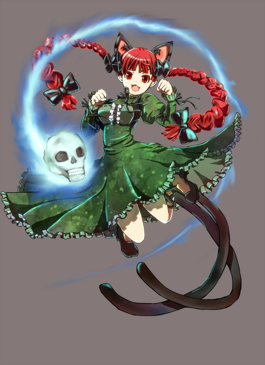 1girl animal_ears bow braid breasts cat_ears cat_tail clenched_hands dress fang flaming_skull frilled_dress frills green_dress hair_bow highres kaenbyou_rin long_hair long_sleeves looking_at_viewer multiple_tails open_mouth red_eyes redhead ribbon skull solo tail touhou twin_braids yukiru_(zoroacute)