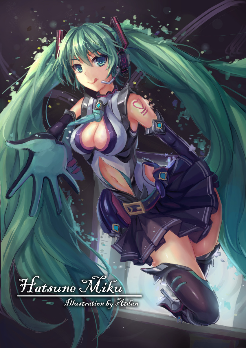 1girl :q absurdres artist_name atdan belt breasts character_name cleavage cleavage_cutout elbow_gloves gloves green_eyes green_hair hatsune_miku headset highres navel navel_cutout necktie skirt solo thigh-highs through_screen tongue twintails vocaloid