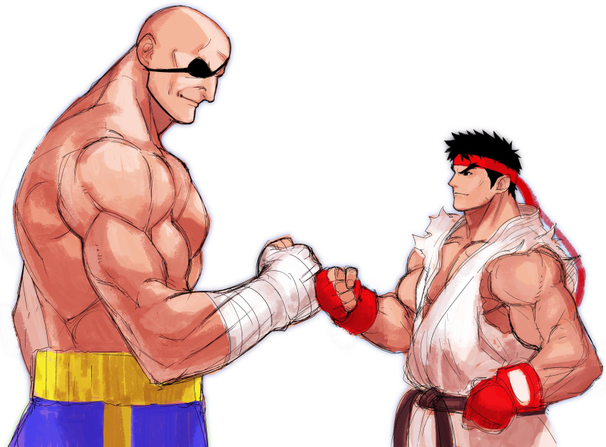 2boys bald black_hair dougi eyebrows eyepatch fingerless_gloves fist_bump gloves headband height_difference highres kimuchi multiple_boys muscle ryuu_(street_fighter) sagat shirtless shorts sleeveless street_fighter thick_eyebrows wrist_wraps